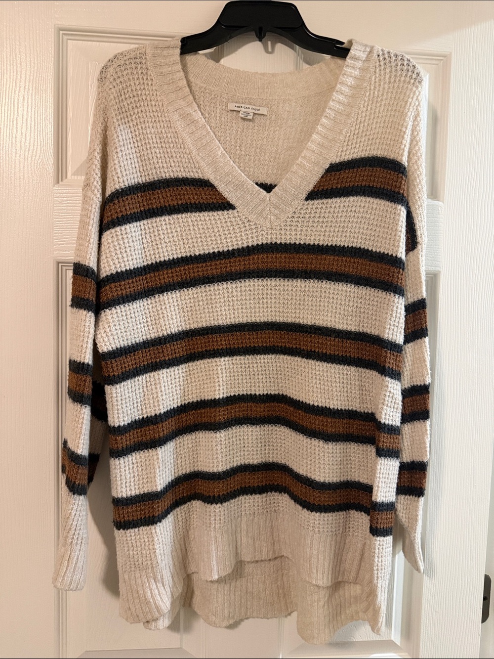 American Eagle Outfitters Cream V-Neck Sweater with Brown and Black Stripes